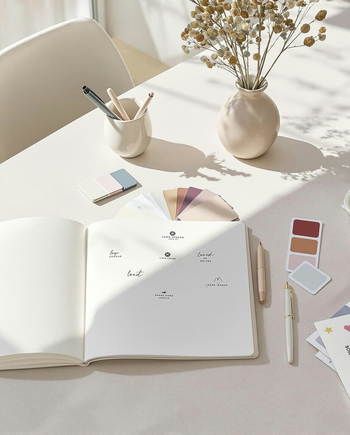 Notebook, pens and colour swatches on a pale desk